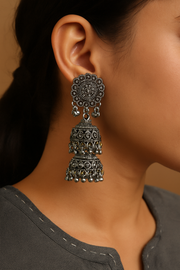 Oxidized Triple Dome Jhumka Earrings for women